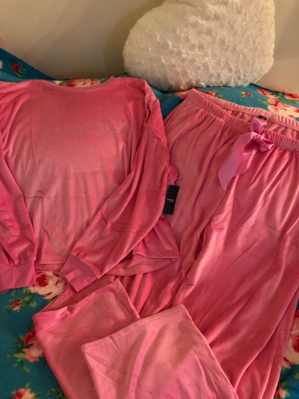 Just in NWT Bebe Velour Lounge to Bed Set in Aurora Pink